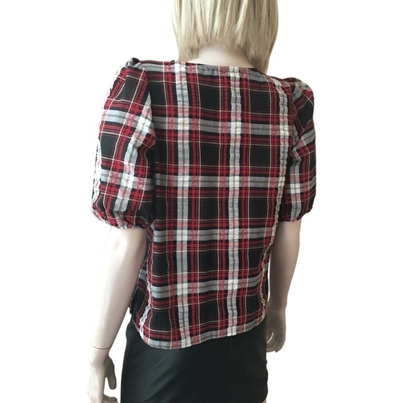 LOFT Blouse Rayon blend Plaid Seersucker Puckered Top Shirt Short Sleeve XS-S - Picture 7 of 15